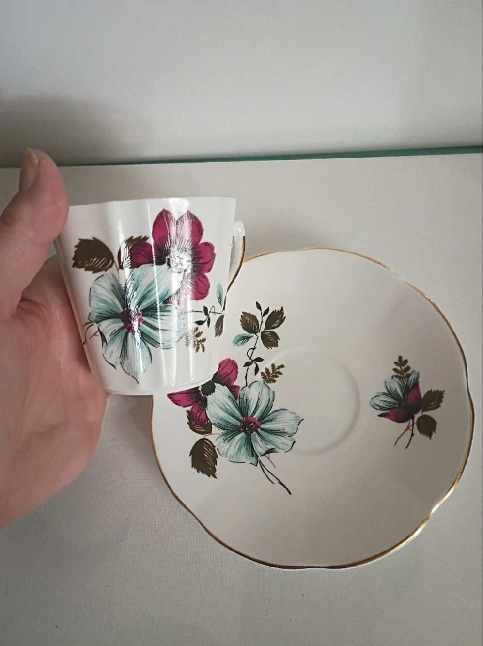 Floral Porcelain Teacup and Saucer Set in Teal & Magenta